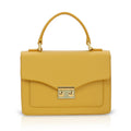 Luis Steven yellow pebble leather top handle purse with gold hardware and a turn-lock closure. Includes removable crossbody strap.