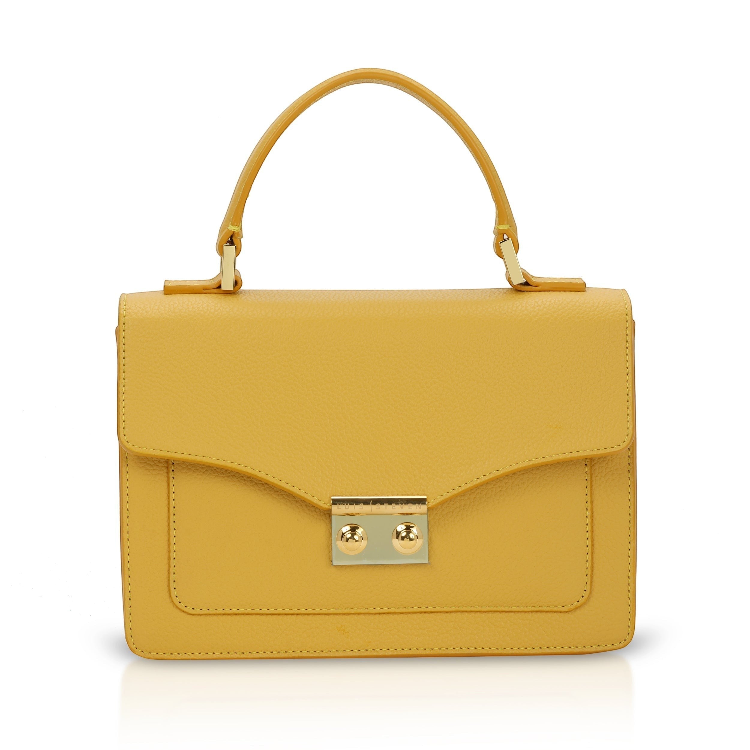 Luis Steven yellow pebble leather top handle purse with gold hardware and a turn-lock closure. Includes removable crossbody strap.