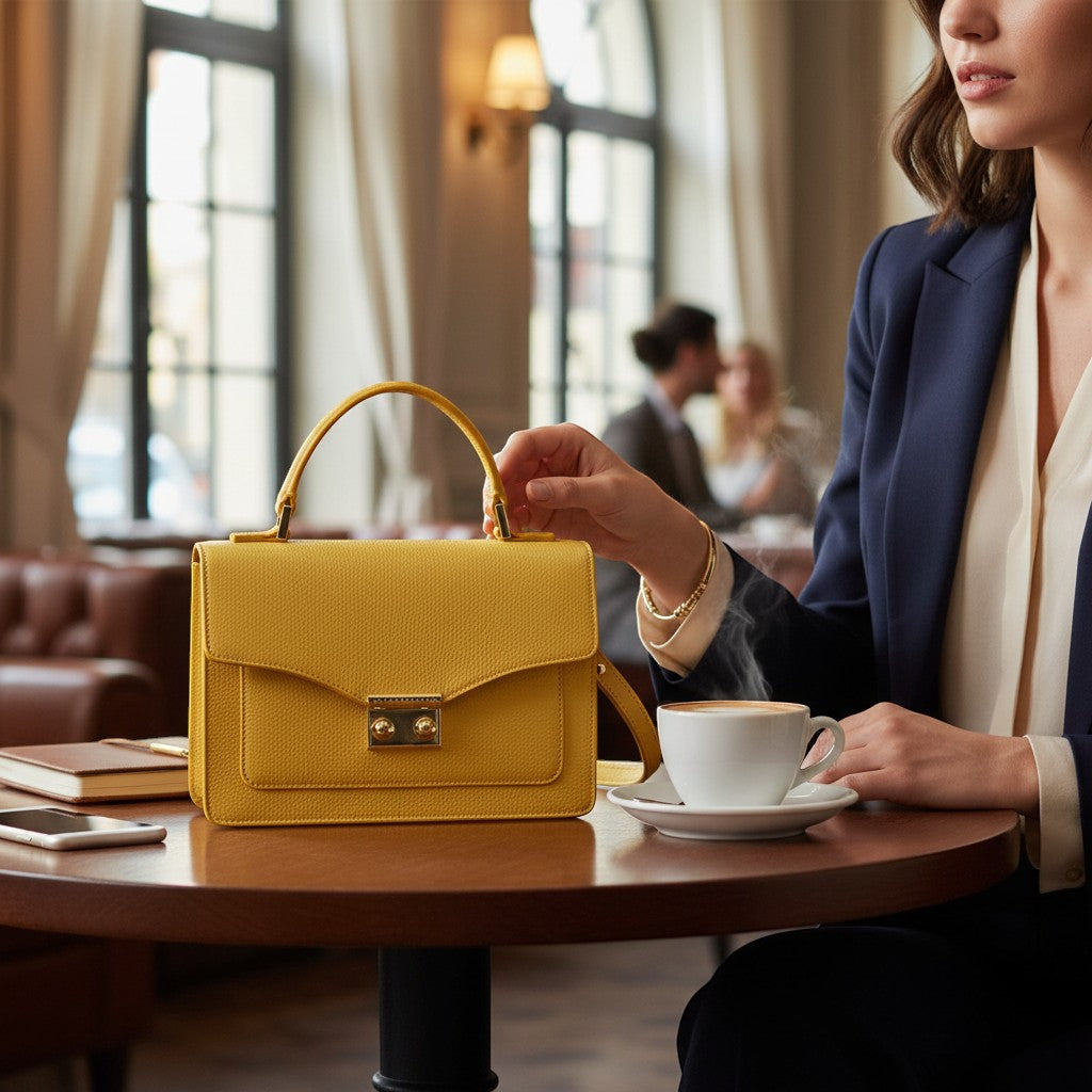 Luis Steven yellow pebble leather top handle purse with gold hardware and removable crossbody strap, shown with a coffee cup.