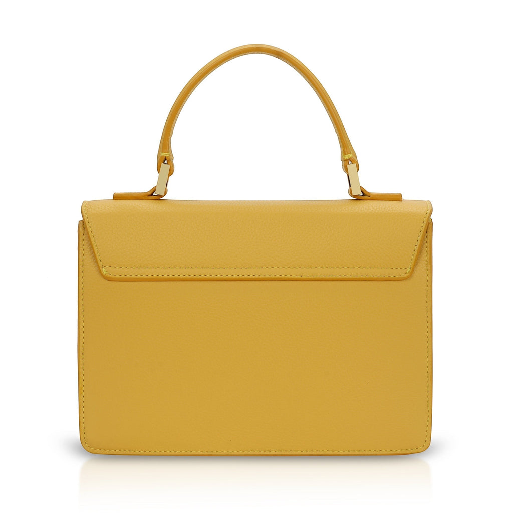Luis Steven yellow pebble leather top handle purse with gold hardware and removable crossbody strap.