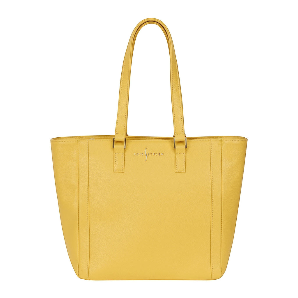 Luis Steven yellow pebble leather classic tote bag with gold hardware and zipper closure.