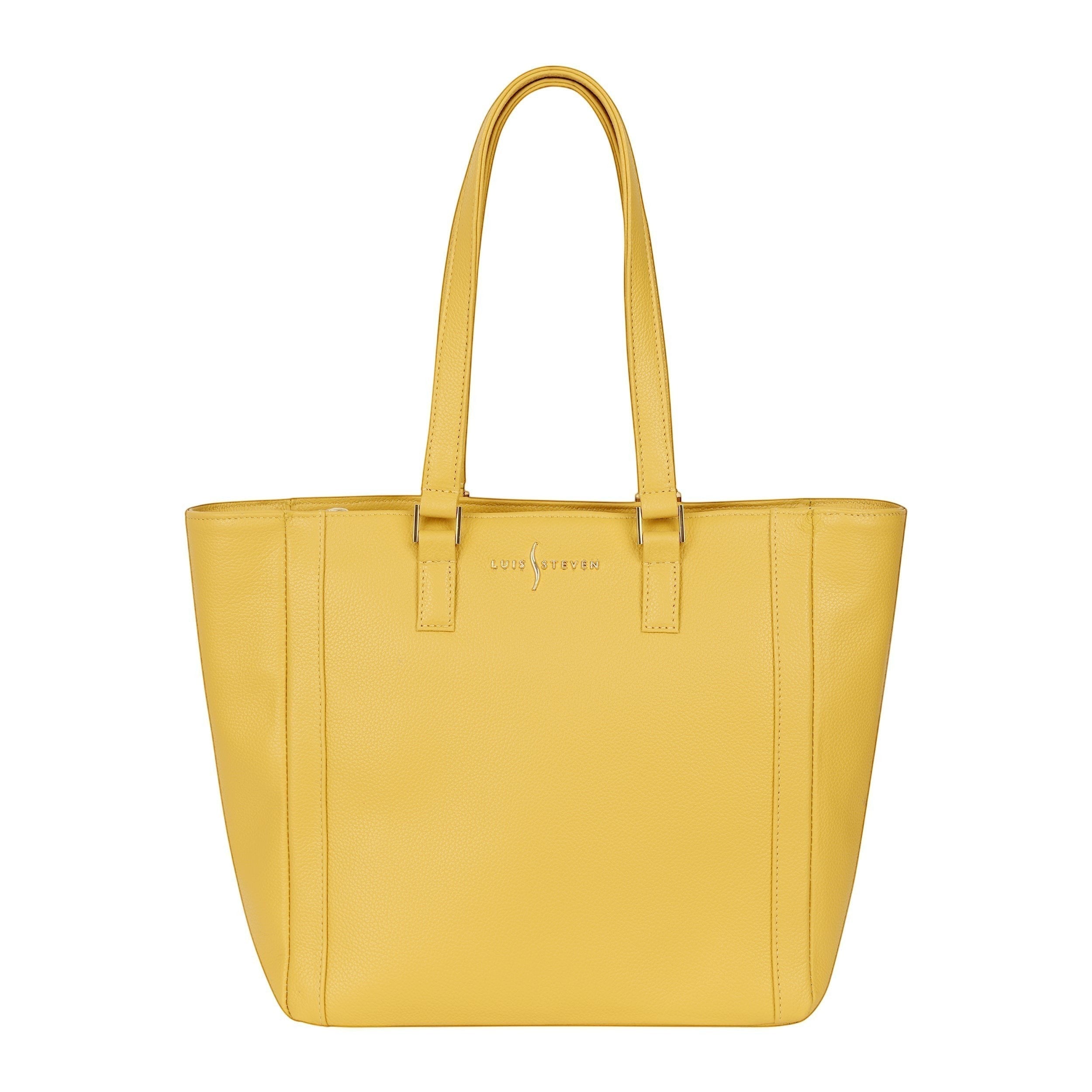 Luis Steven yellow pebble leather classic tote bag with gold hardware and zipper closure.