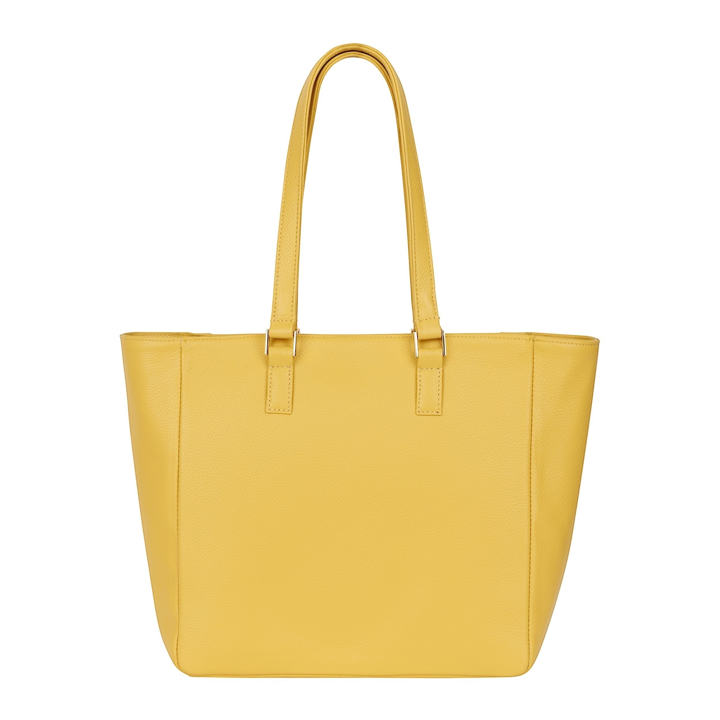 Luis Steven Classic Tote in yellow pebble leather with gold hardware and top zipper closure. Features double handles and a spacious interior.