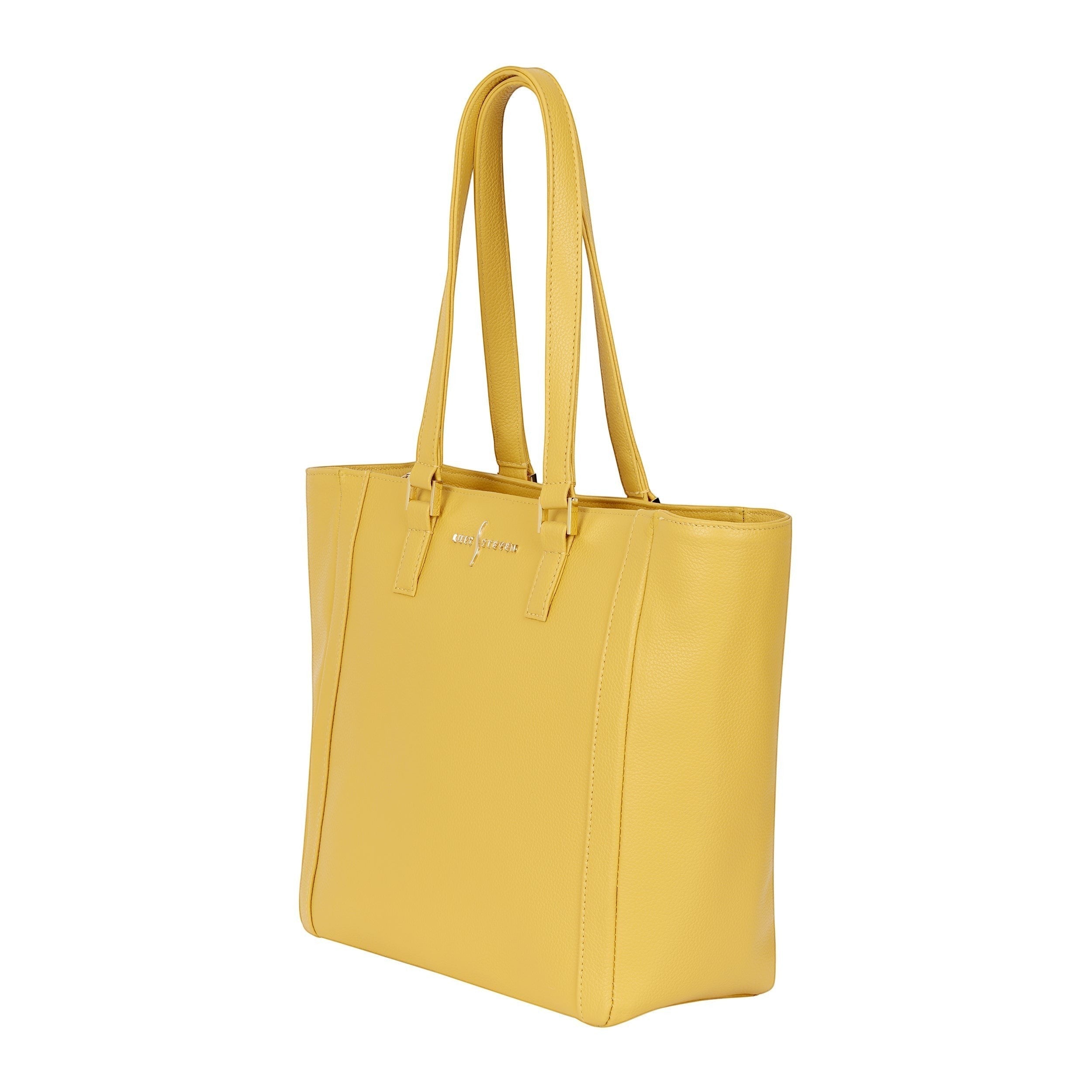 Luis Steven yellow pebble leather tote bag with gold hardware and top zipper closure. Features include interior pockets and key clip.