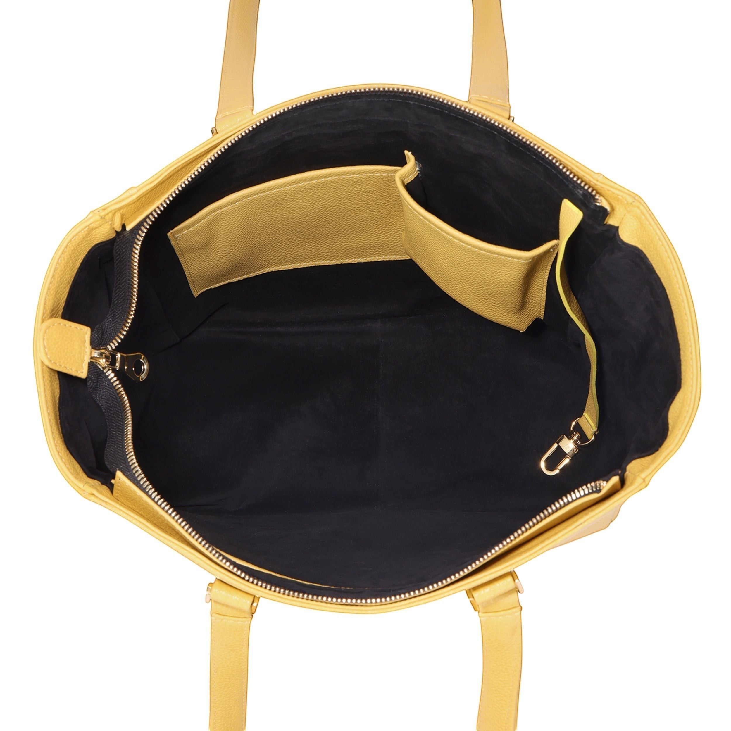 Luis Steven yellow pebble leather tote bag with natural suede interior, gold hardware, zipper closure, and interior pockets.
